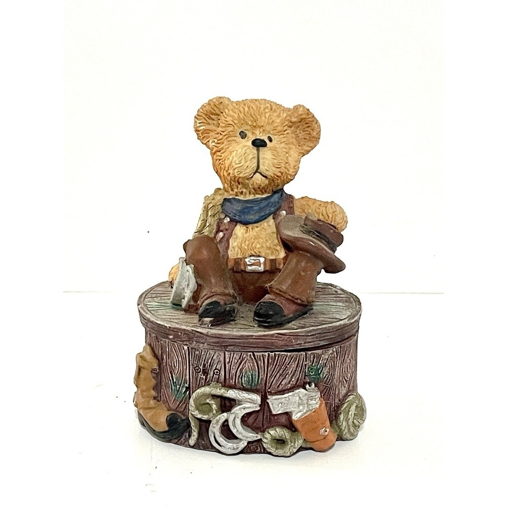 Western Cowboy Teddy Bear Trinket Box Resin‎ Figurine Toy Vintage